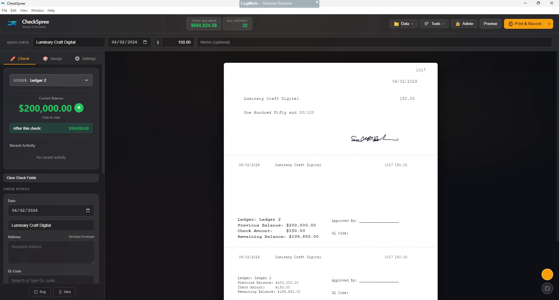 CheckSpree desktop app showing a digital check preview ready to print, with a ledger sidebar tracking running balances.