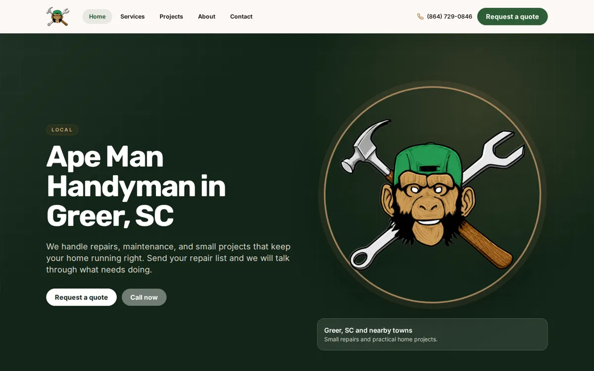 Ape Man Handyman homepage with a green hero and a cartoon ape mascot holding a hammer and wrench