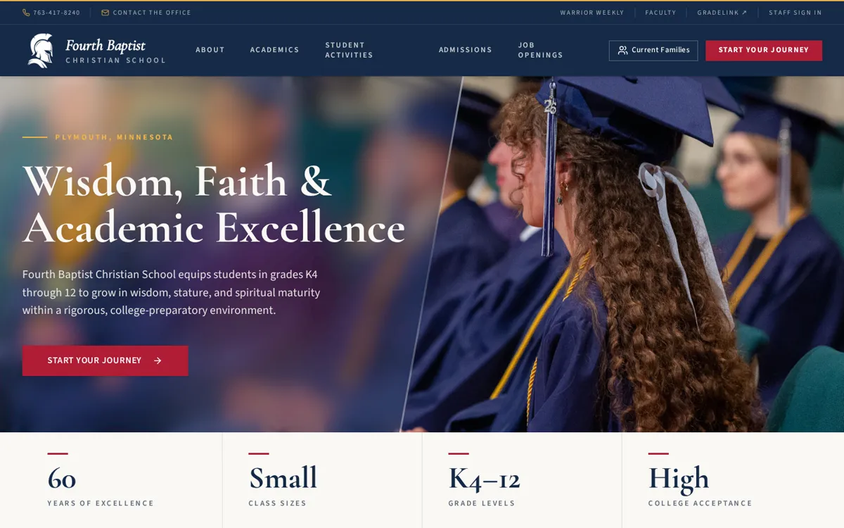 Fourth Baptist Christian School homepage with a graduate in cap and gown