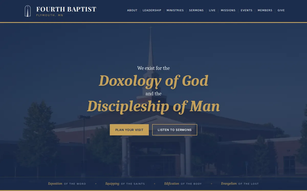 Fourth Baptist Church homepage with gold serif headline over the church building