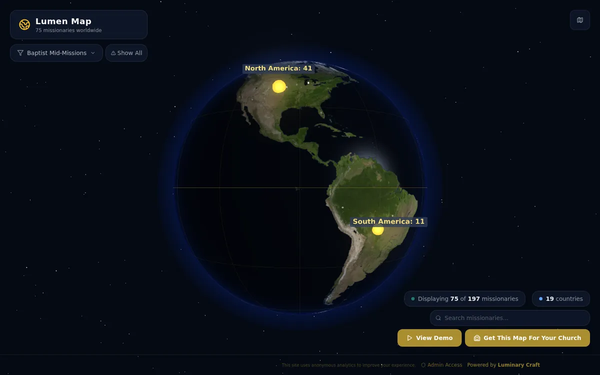 Lumen Map showing an interactive 3D globe with missionary counts by region