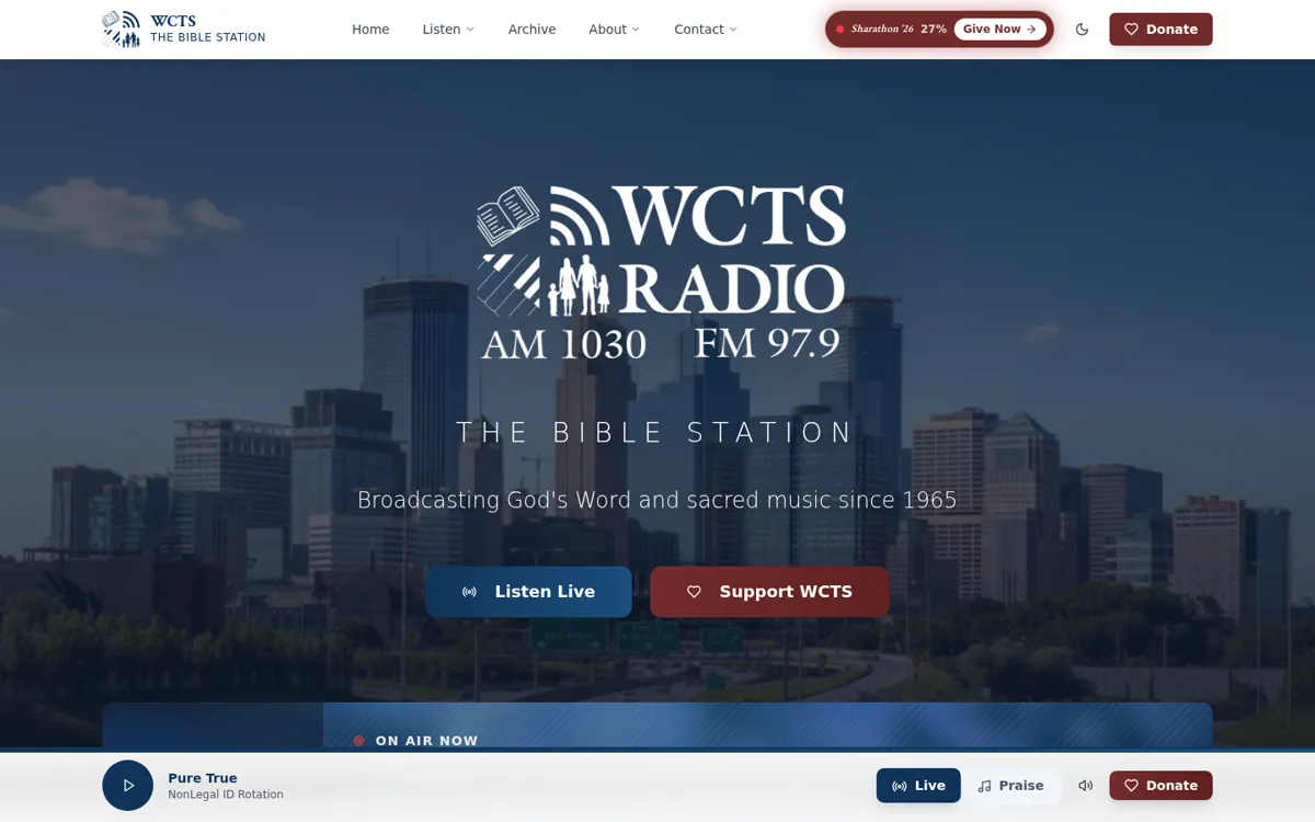 WCTS Radio homepage with the station logo over the Minneapolis skyline and a live now-playing bar